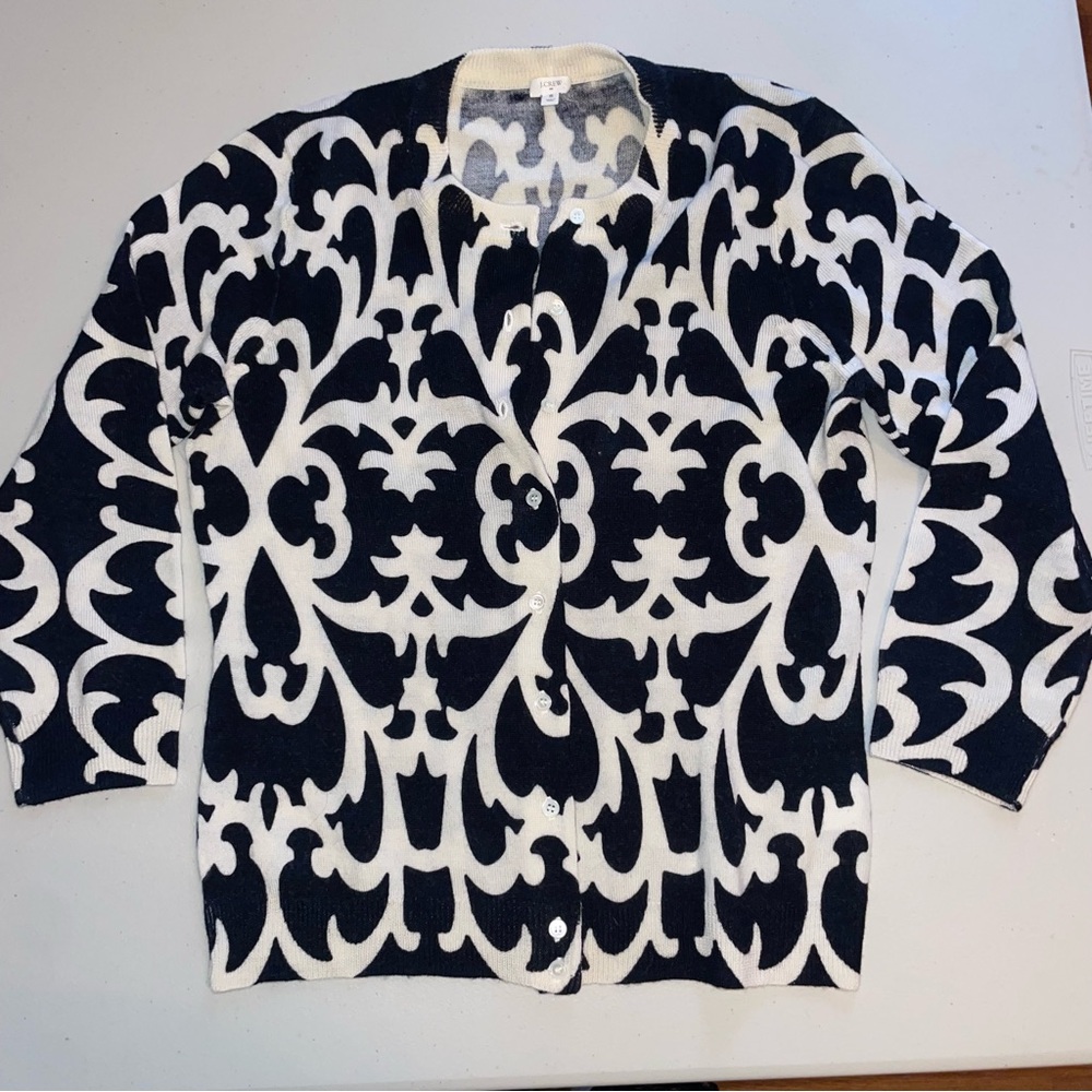 J. Crew 3/4 Sleeve 100% Merino Wool Cardigan Sweater Damask Print Size S